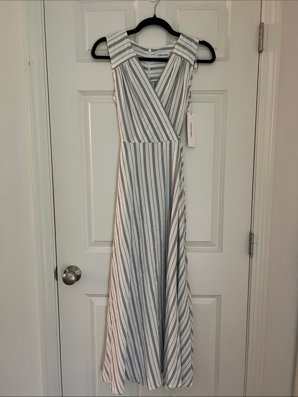 Calvin Klein White and Gray Striped Wrap Maxi Dress
